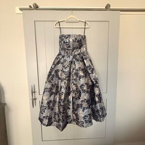 Donna Karan - Jaquard Blue and Silver Floral Midi Dress